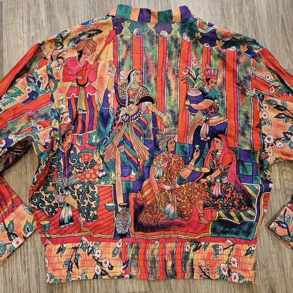 Vtg Lightweight Bomber Jacket Womens L Egyptian Print Wearable Art Ethnic Boho - Picture 8 of 11